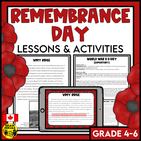 Remembrance Day in Canada Reading and Writing Activities | Paper and Digital