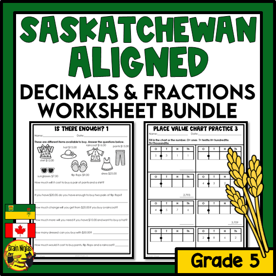 Saskatchewan Aligned Decimals and Fractions Math Worksheets Bundle | Paper | Grade 5