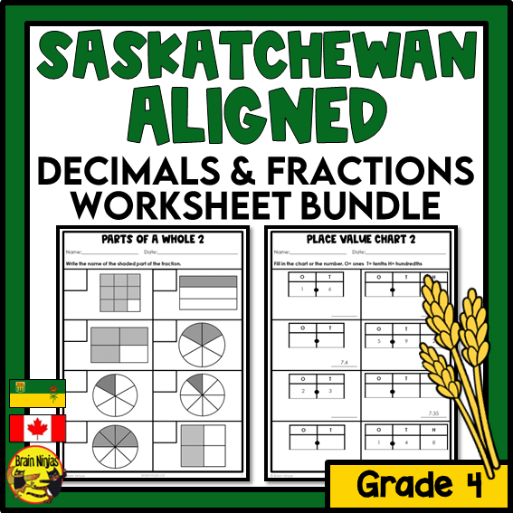 Saskatchewan Aligned Decimals and Fractions Math Worksheets Bundle | Paper | Grade 4