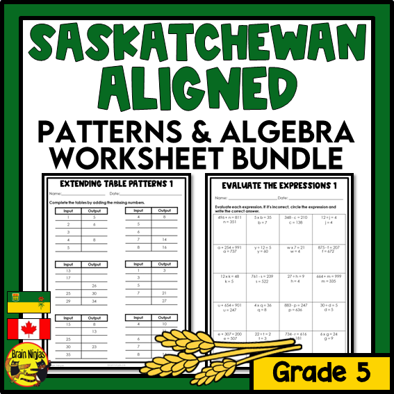 Saskatchewan Aligned Patterns and Algebra Math Worksheets Bundle | Paper | Grade 5