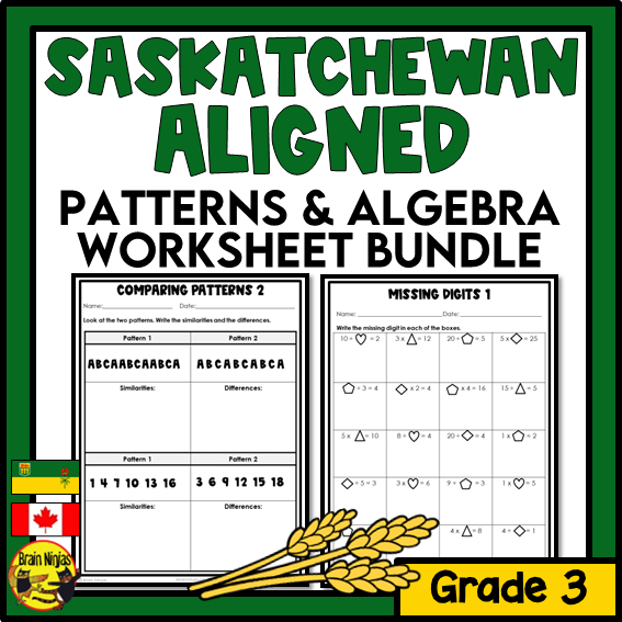 Saskatchewan Aligned Patterns and Algebra Math Worksheets Bundle | Paper | Grade 3