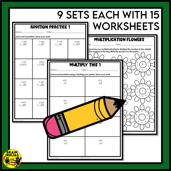 Saskatchewan Aligned Number Operations Math Worksheets Bundle | Paper | Grade 4