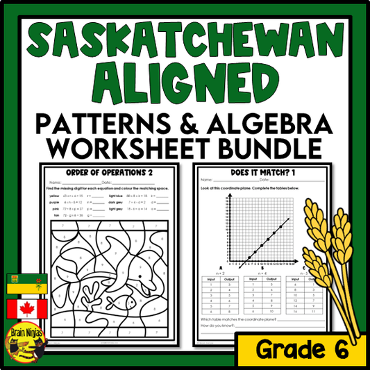 Saskatchewan Aligned Patterns and Algebra Math Worksheets Bundle | Paper | Grade 6