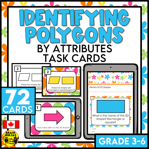 2D Shapes and Polygons Names and Attributes Math Task Cards | Paper and Digital