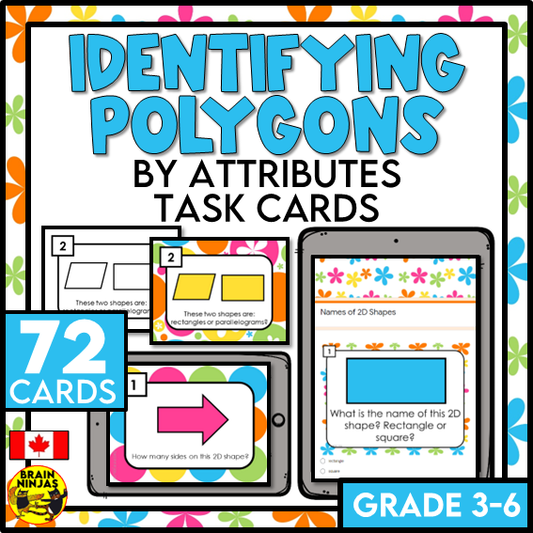 2D Shapes and Polygons Names and Attributes Math Task Cards | Paper and Digital