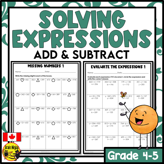 Solving Addition and Subtraction Equations With Variables Math Worksheets | Paper | Grade 4