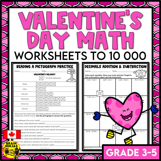 Valentine's Day Math Worksheets for Numbers up to 10 000 | Paper