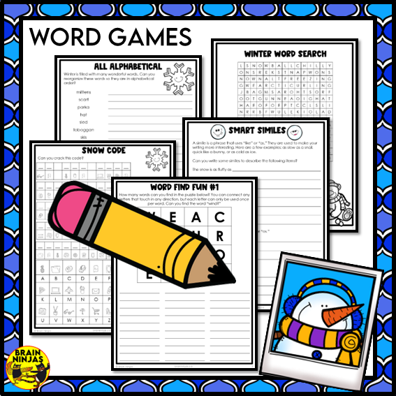 Winter Activities Word Games Puzzles Writing Prompts | Paper and Digital