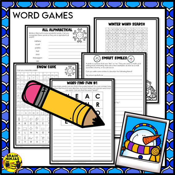 Winter Activities Word Games Puzzles Writing Prompts | Paper and Digital