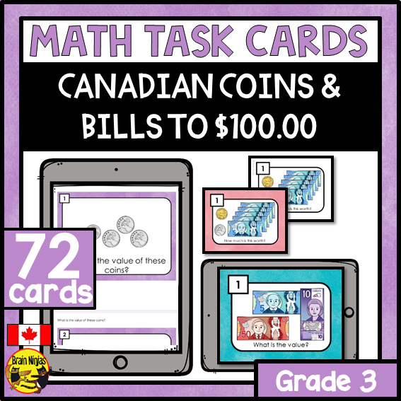 Counting Canadian Money to $100 Math Task Cards | Paper and Digital | Grade 3