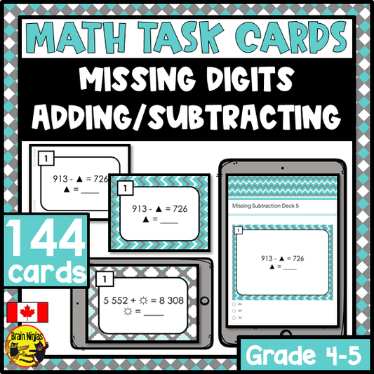 Missing Digits Addition and Subtraction Math Task Cards | Paper and Digital | Grade 4 Grade 5