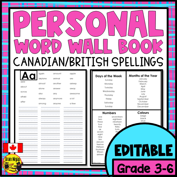 Personal Word Wall Book | Canadian Spellings | Paper