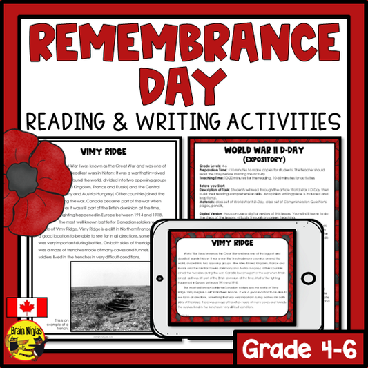 Remembrance Day in Canada Reading and Writing Activities | Paper and Digital