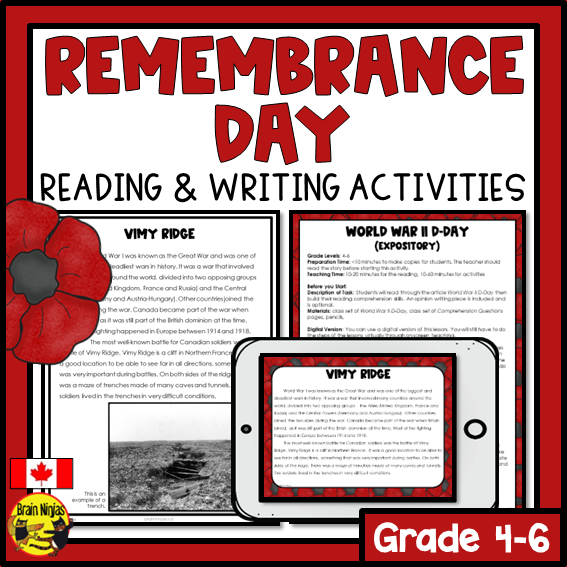 Remembrance Day in Canada Reading and Writing Activities | Paper and Digital