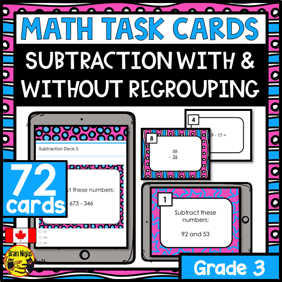 Subtraction Math Task Cards | Paper and Digital | Grade 3